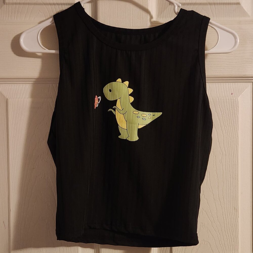 Black Dinosaur & Butterfly Graphic Crop Tank Top